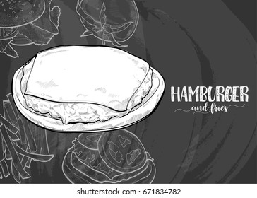 hand drawn illustration of hamburger on chalkboard