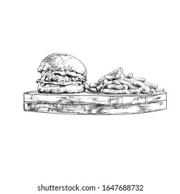 Hand drawn illustration of hamburger. tasty popular food, fast food complex, retro style vector image. painted burger, great delicious sandwich on white background