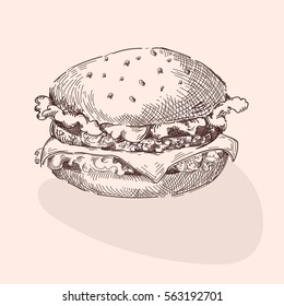 Hand drawn illustration of hamburger. Vector illustration.