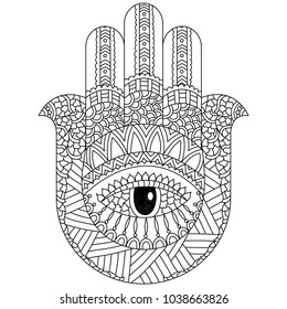 Hand drawn illustration of Hamsa Hand with ethnic floral pattern, Black and white boho style element.
