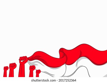 ilustración a mano de las manos apretando y sosteniendo la bandera indonesia