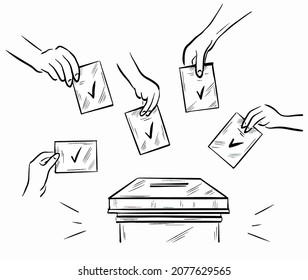 Hand drawn illustration of hands holding voting lists and putting them into voting box. Vector black sketch art isolated on white background.