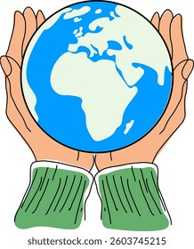 Hand drawn illustration of hands holding a globe symbolizing environmentalism, sustainability and global responsibility. Minimalist eco-friendly design perfect for posters, banners and campaign