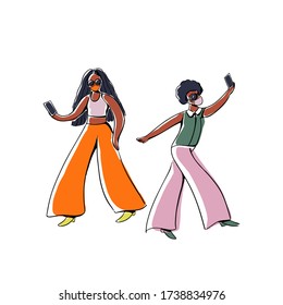 Hand drawn illustration with happy african american young fashionable girls wearing masks in summer colorful clothes ,walking and taking selfie. 