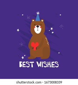 Hand drawn illustration, happy bear, heart, english text. Colorful background vector. Poster design with animal. Best wishes. Decorative backdrop, good for printing