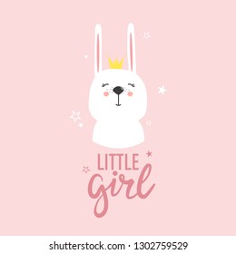 Hand drawn illustration, happy bunny and english text. Colorful background vector. Poster design with animal, lettering. Cute card. Little girl. Decorative backdrop, good for printing
