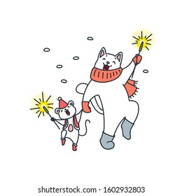 Hand drawn illustration of a happy cat and a little white mouse holding burning sparklers. Winter holiday illustration. Isolated objects on white background. Vector 8 EPS.