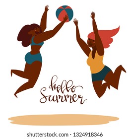 Hand drawn illustration of happy diverse cartoon women doing summer activites made in minimal flat style isolated on white.