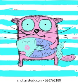 Hand drawn illustration of happy fat cat holds a fish pie Design for kids, cards, stickers, t-shirts printing.