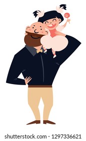 Hand drawn illustration of happy father and daughter isolated on white. Graphics in minimal style to celebrate international Fathers day.