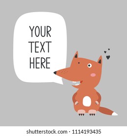 Hand drawn illustration, happy fox and place for your text here. Colorful background vector. Poster design with animal and english text. Animal who speak, card. Decorative backdrop, good for printing