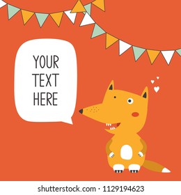 Hand drawn illustration, happy fox and place for your text here. Colorful background vector. Poster design with animal, checkboxes, english text. Animal who speak, card. Decorative backdrop, good for 