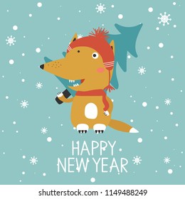 Hand drawn illustration with happy fox, fir tree, snow and lettering. Colorful background vector. Happy New Year, poster design. Decorative backdrop with english text, animal. Funny card, phrase