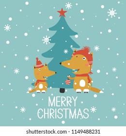 Hand drawn illustration with happy foxes, fir tree, snow and lettering. Colorful background vector. Merry Christmas, poster design. Decorative backdrop with english text, animal. Funny card, phrase