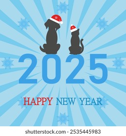 Hand drawn illustration Happy New Year 2025 card with dog and cat on blue background.