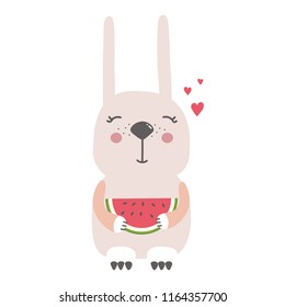 Hand drawn illustration with happy rabbit, watermelon, hearts. Colorful cute background vector. Poster design. Decorative backdrop with english text, animal. Funny card, phrase