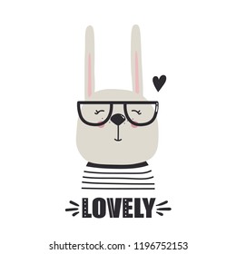 Hand drawn illustration with happy rabbit, heart and lettering. Colorful background vector. Lovely, poster design. Decorative backdrop with english text, animal. Funny card, phrase