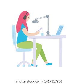 Hand drawn illustration - happy woman recording a podcast. Flat style character isolated on white background.  Vector podcasting banner