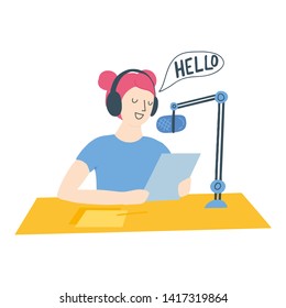 Hand drawn illustration - happy young woman recording a podcast. Flat style character isolated on white background. Vector podcasting banner