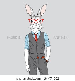 Hand drawn illustration of hare dressed up in office style 