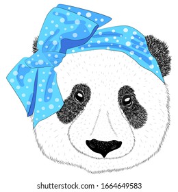 A hand drawn illustration of the head of a panda girl with a bow in the style of the 60s. Isolated cute fashion portrait on white background.