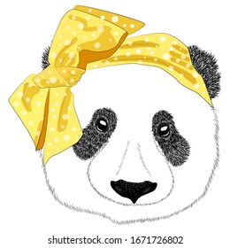 A hand drawn illustration of the head of a panda girl with a bow in the style of the 60s. Isolated cute fashion portrait on white background.
