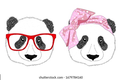 Hand drawn illustration of the head of a panda girl with a bow in the style of the 60s and a panda man with glasses, set. Isolated cute fashion portrait on white background.