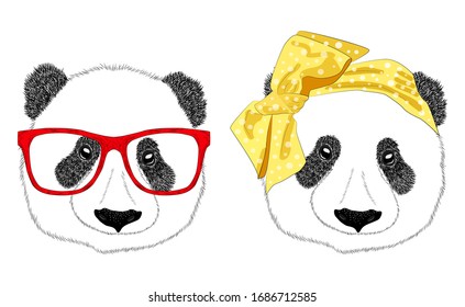 Hand drawn illustration of the head of a panda girl with a bow in the style of the 60s and a panda man with glasses, set. Isolated cute fashion portrait on white background.