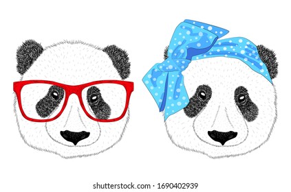 Dibujo a mano de la cabeza de una panda chica con un arco al estilo de los años 60 y un panda con gafas, conjunto. Aislado retrato de moda sobre fondo blanco.