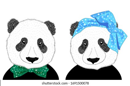 Hand drawn illustration of the head of a panda girl with a bow in the style of the 60s and a panda man in a tie, set. Isolated cute fashion portrait on white background.