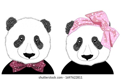 Dibujo a mano de la cabeza de una panda chica con un arco al estilo de los años 60 y un panda en corbata, conjunto. Aislado retrato de moda sobre fondo blanco.