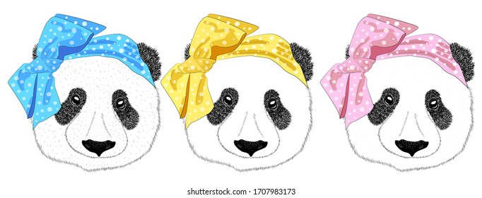 Hand drawn illustration of the head of a panda girl with a bow in the style of the 60s and a panda man in a tie, set. Isolated cute fashion portrait on white background.