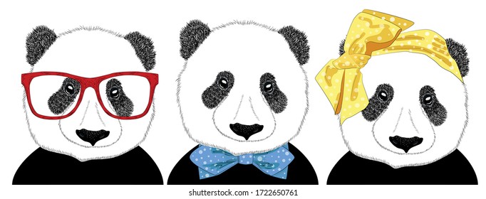 Hand drawn illustration of the head of a panda girl with a bow in the style of the 60s and a panda man in a tie, set. Isolated cute fashion portrait on white background.
