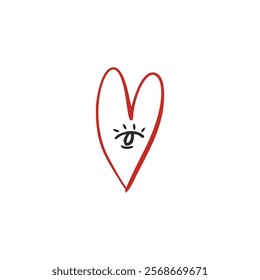 Hand drawn illustration of heart with eye. Symbol of love in doodle style. Grunge brush stroke for valentine's day. Vector icon on white background.