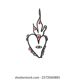 Hand drawn illustration of heart with eye and fire. Symbol of love in doodle style. Grunge brush stroke for Valentine's day. Vector icon on white background.