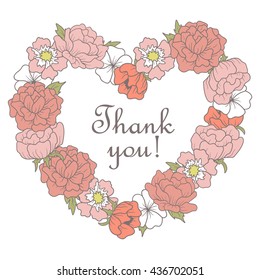 Hand drawn illustration with heart of flowers and lettering. Sketch background vector. Doodle design Thank you