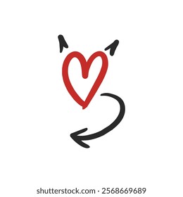 Hand drawn illustration of heart with horns, demon. Symbol of love in doodle style. Grunge brush stroke for valentine's day. Vector icon on white background.