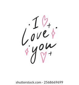 Hand drawn illustration of heart and lettering: I love you . Heart with angel wings, cupid, love. in doodle style. Grunge brush stroke for Valentine's Day. Vector icon on white background.