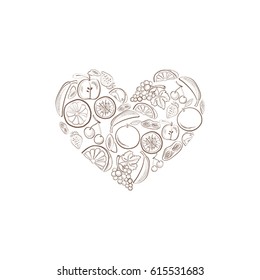 Hand drawn illustration with heart shape fruits symbol