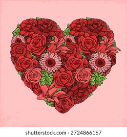 Handgezeichnete Illustration eines herzförmigen Straußes gefüllt mit roten Rosen, rosafarbenen Nelken, Lilien und Grüns auf weichrosa strukturiertem Hintergrund