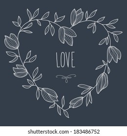 Hand drawn illustration of heart-shaped wreath on blackboard. EPS 10. No transparency. No gradients.