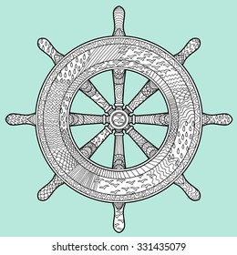 Hand drawn illustration of an helm in the zentangle style. Adult antistress coloring page with marine handwheel. Vector illustration.