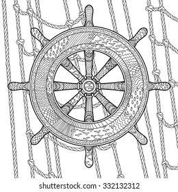 Hand drawn illustration of an helm in the zentangle style. Adult antistress coloring page with marine handwheel. Vector illustration.