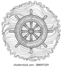 Hand drawn illustration of an helm in the zentangle style. Adult antistress coloring page with marine handwheel. Vector illustration.