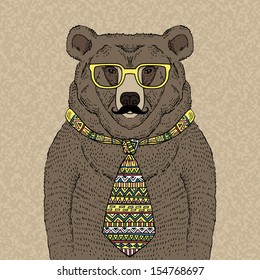 Hand drawn Illustration Hipster Bear in Tie   Glasses  and Mustache