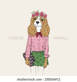 Hand drawn illustration of hipster doggy girl