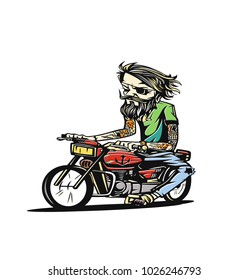Hand drawn illustration of hipster male on motorbike, transportation, vector illustration