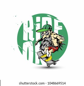 Hand drawn illustration of hipster male on skateboard,  text, tshirt print, vector illustration