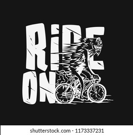 Hand drawn illustration of hipster male on bicycle, text, tshirt print, vector illustration