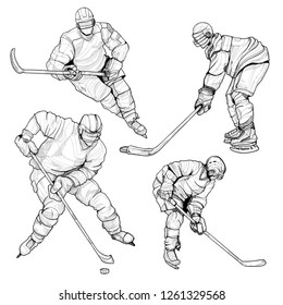 hand drawn illustration of hockey player set. drawing vector. sport man. sport winter background.